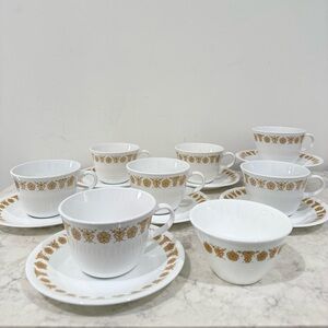 Lot of 7 Pyrex Corelle Butterfly Gold Tea Cups and Saucers + Sugar Bowl No Lid